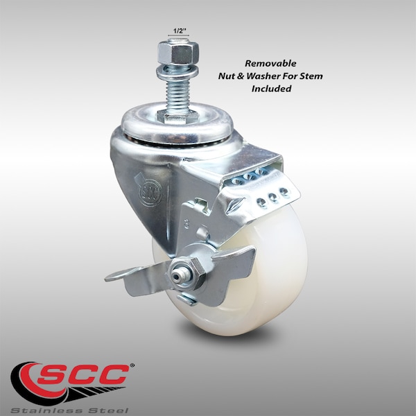 3 Inch SS Nylon Wheel Swivel 1/2 Inch Threaded Stem Caster with Brake SCC